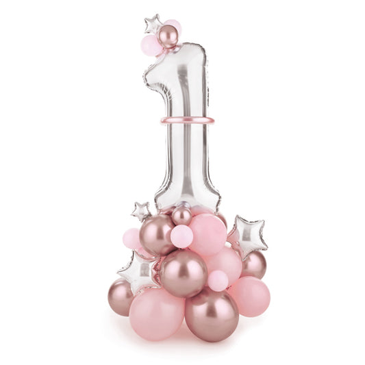 Balonu buķete ar ciparu 1, rozā, stāvoša - nav nepieciešams hēlijs, GBN7-1-081