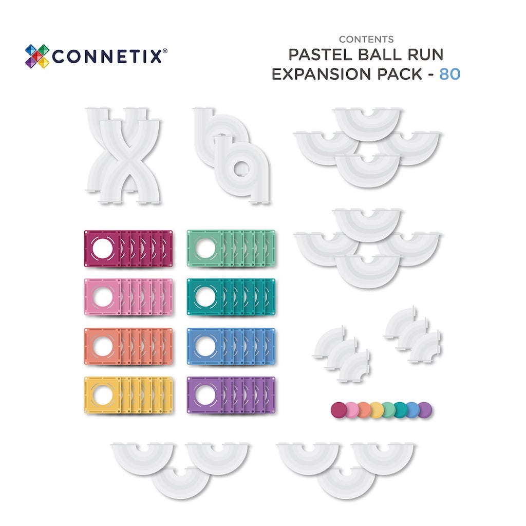 Magnētiskie klucīši flīzes, konstruktors - Pastel Ball Run, 80 gab, Connetix Magnetic Tiles
