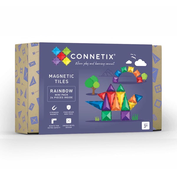 Magnētiskie klucīši, konstruktors - Mini Rainbow Pack, 24 gab, Connetix Magnetic Tiles