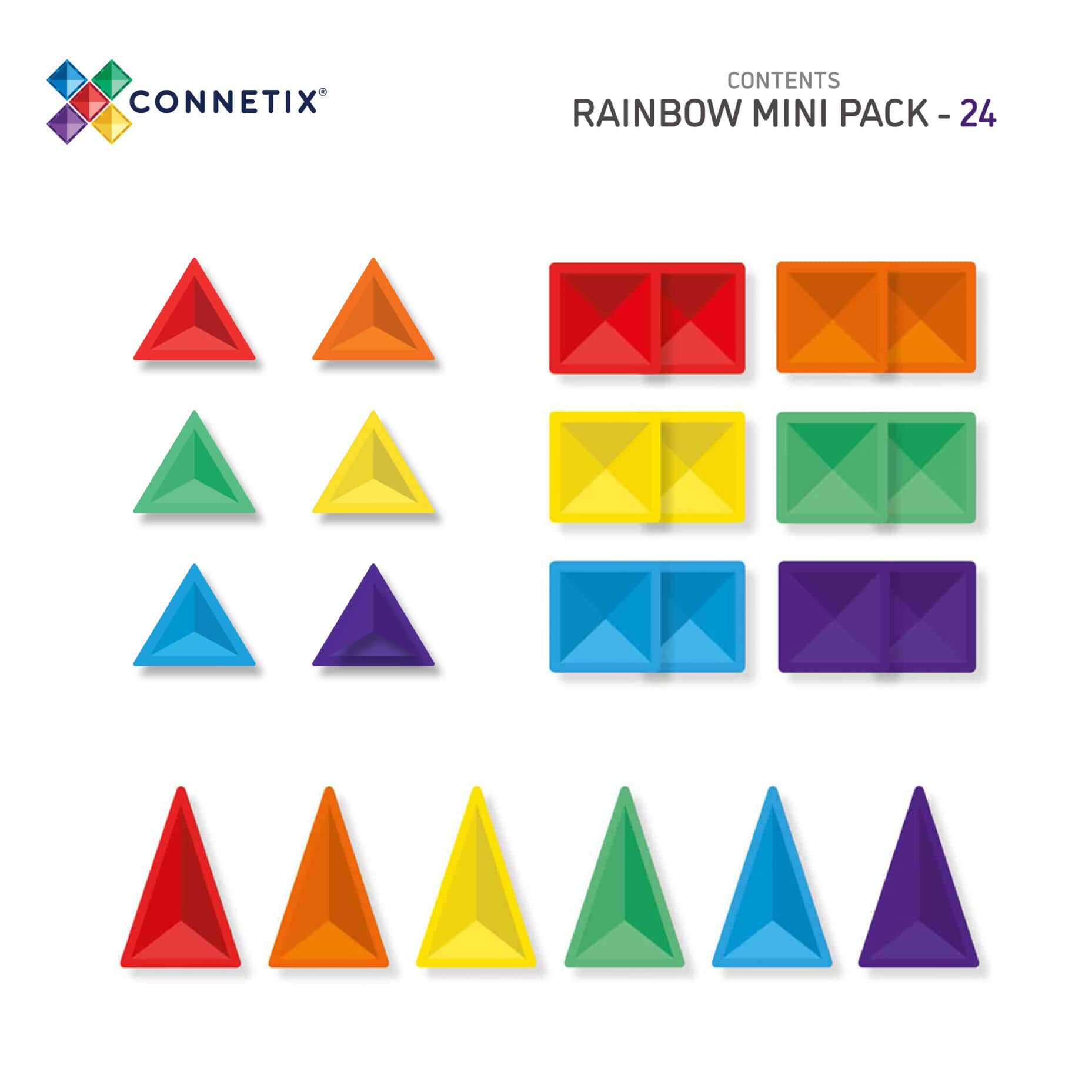 Magnētiskie klucīši, konstruktors - Mini Rainbow Pack, 24 gab, Connetix Magnetic Tiles