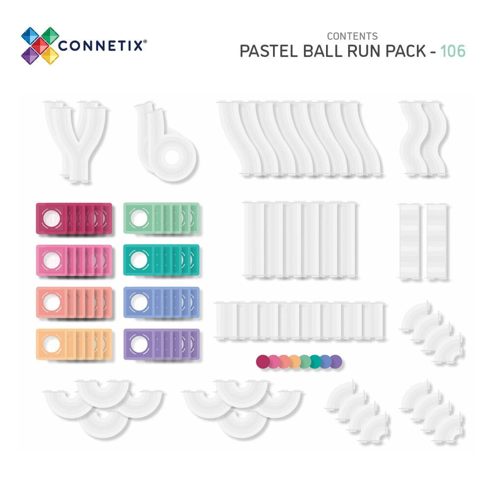 Magnētiskais konstruktors - bumbu trase, Ball Run Pastel Expansion Set, 106 gab, Connetix