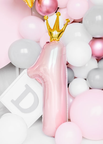 Liels balons cipars 1 ar kronīti, rozā, pildāms ar hēliju vai gaisu, Hēlija baloni Liepājā