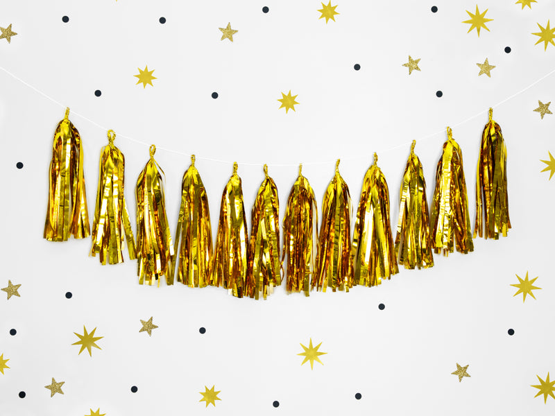 Svētku virtene ar pušķiem - Party Deco Tassel Garland, gold. TG1-019M