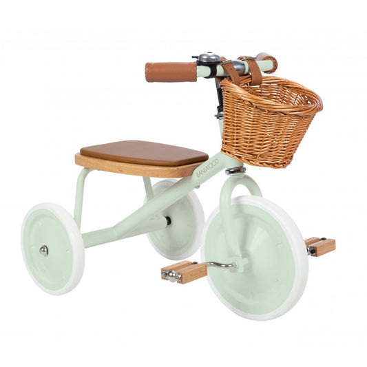 Zēns un trīsritenis ar pītu grozu, Balance Bike, First Go, Pale Mint, Banwood, Trike