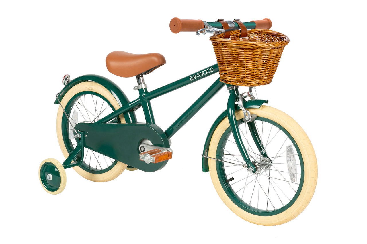 Palīgritenīši - Banwood bērnu velosipēds ar pītu koka groziņu, zaļš divritenis ar pievienojamiem palīgriteņiem, 16 collu, Banwood Classic kids bike, Green, 16 inch