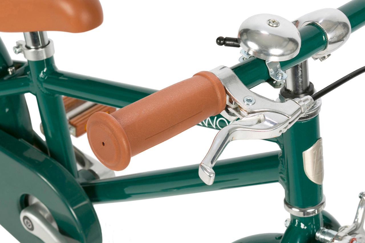 Retro gumijas rokturi - Banwood bērnu velosipēds ar pītu koka groziņu, zaļš divritenis ar pievienojamiem palīgriteņiem, 16 collu, Banwood Classic kids bike, Green, 16 inch