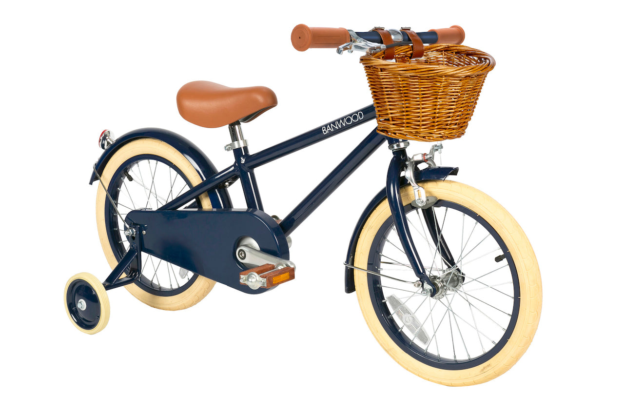 Palīgritenīši - Banwood bērnu velosipēds ar pītu koka groziņu, zils divritenis ar pievienojamiem palīgriteņiem, 16 collu, Banwood Classic kids bike, Navy Blue, 16 inch