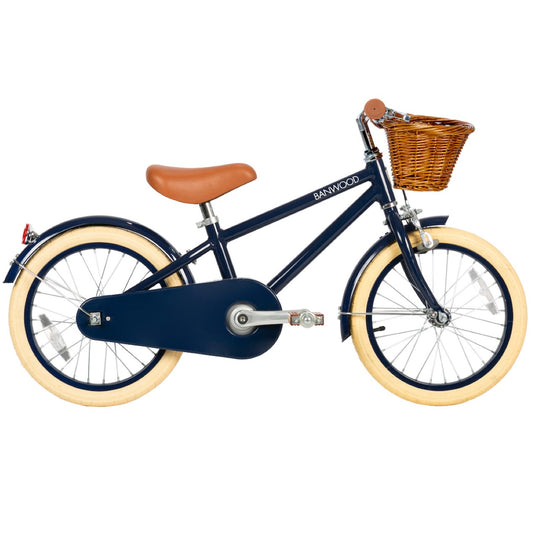 Banwood bērnu velosipēds ar pītu koka groziņu, zils divritenis ar pievienojamiem palīgriteņiem, 16 collu, Banwood Classic kids bike, Navy Blue, 16 inch