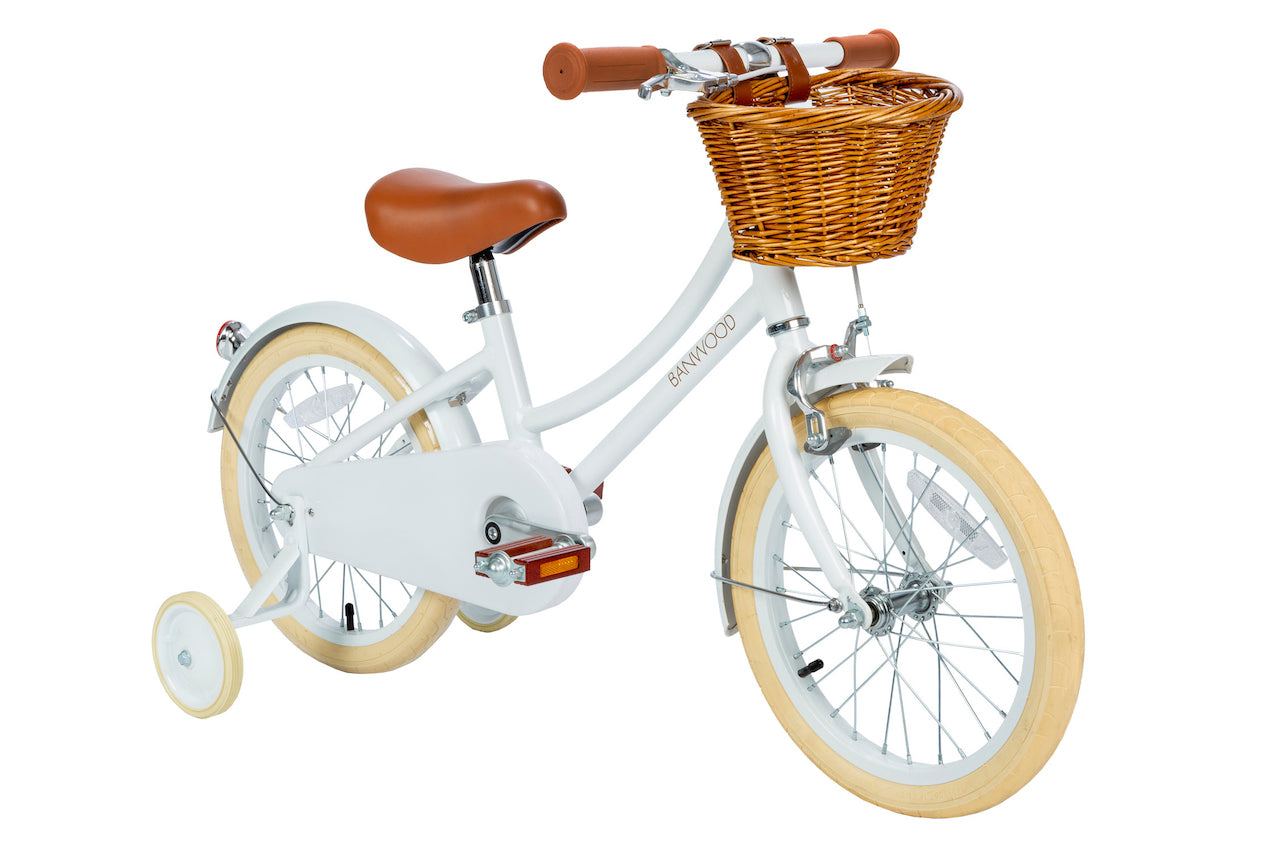 Banwood bērnu velosipēds ar pītu koka groziņu, balts divritenis ar pievienojamiem palīgriteņiem, 16 collu, Banwood Classic kids bike, White, 16 inch