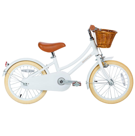 Banwood bērnu velosipēds ar pītu koka groziņu, balts divritenis ar pievienojamiem palīgriteņiem, 16 collu, Banwood Classic kids bike, White, 16 inch